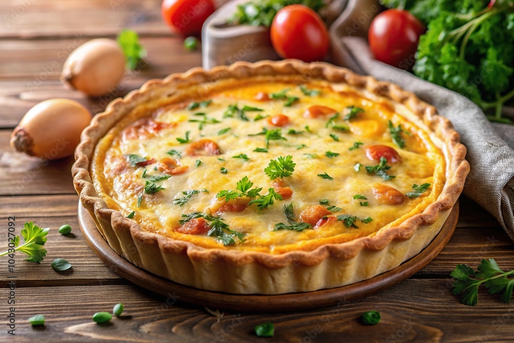 Freshly baked savory quiche with golden crust and melted cheese topping for gourmet breakfast or brunch Freshly baked savory quiche with golden crust and melted cheese topping for gourmet breakfast or brunch