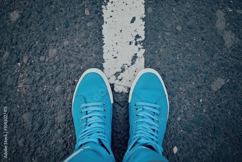 Turn Around: Blue Shoes Standing on Road with U-Turn Concept for Change and Mistake photo