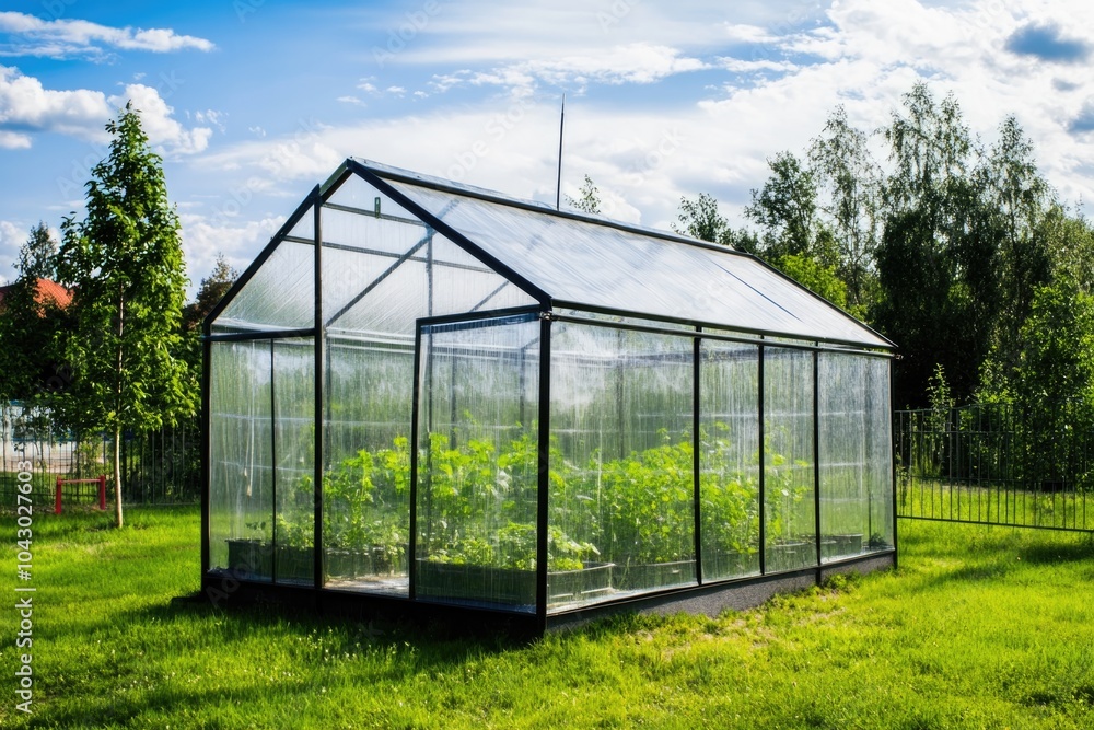 Minimalist Small Greenhouse in Lush Garden Setting Under Clear Sky Minimalist Small Greenhouse in Lush Garden Setting Under Clear Sky
