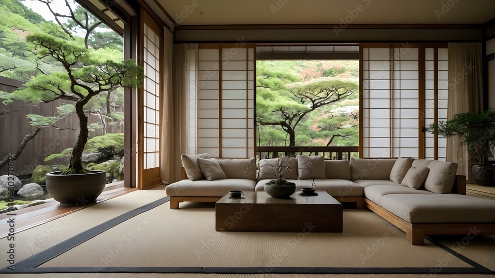 AI-Generated Image of An ultra-minimalistic, modern Japanese-inspired living room with large shoji screens and a spacious living area AI-Generated Image of An ultra-minimalistic, modern Japanese-inspired living room with large shoji screens and a spacious living area