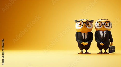 Two cute owl characters in business suits with briefcases, standing side by side against an empty yellow background with copy space. Bussines banner  photo