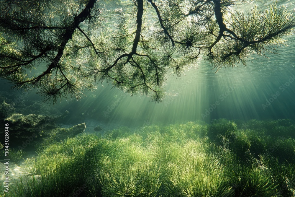 Fototapeta premium Underwater Grass in Sea. Nature Green Plant Under the Sea Waters
