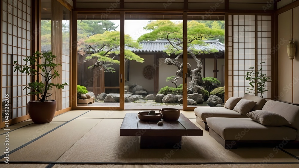 AI-Generated Image of An ultra-minimalistic, modern Japanese-inspired living room with large shoji screens and a spacious living area AI-Generated Image of An ultra-minimalistic, modern Japanese-inspired living room with large shoji screens and a spacious living area