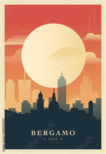 Bergamo city brutalism poster with abstract skyline, cityscape retro vector illustration. Italy town travel guide cover, brochure, flyer, leaflet, business presentation template image