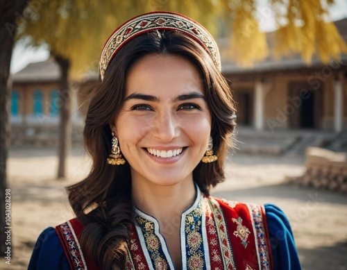 A Tajik woman 30 years old stands gracefully, showcasing her traditional attire against a breathtaking backdrop of defocused lush greenery, reflecting her cultural roots. Generated by AI photo