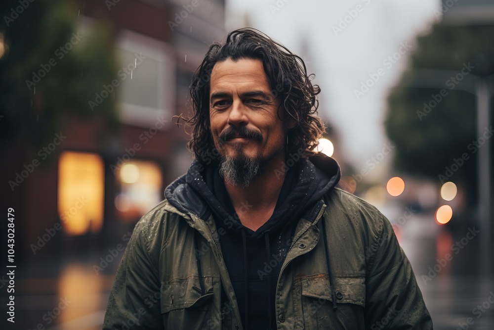 Portrait of a handsome man with long hair and beard in the city Portrait of a handsome man with long hair and beard in the city