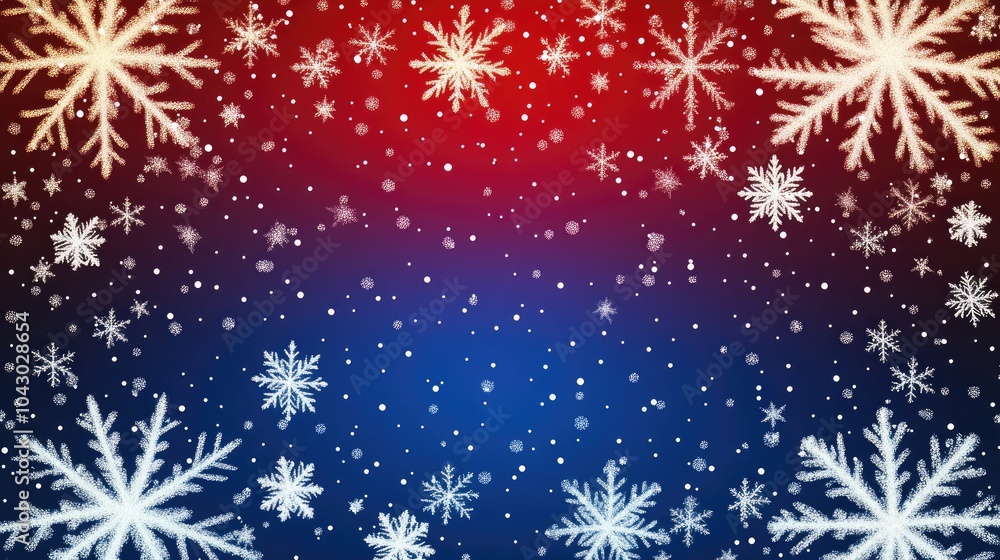 A stunning backdrop features an enchanting blend of rich red and cool blue, adorned with intricate, shimmering snowflakes that evoke a cozy winter charm A stunning backdrop features an enchanting blend of rich red and cool blue, adorned with intricate, shimmering snowflakes that evoke a cozy winter charm