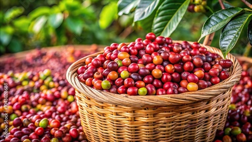 Freshly harvested coffee beans in a basket on a coffee farm