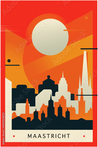 Maastricht city brutalism poster with abstract skyline, cityscape retro vector illustration. Netherlands, Holland travel guide cover, brochure, flyer, leaflet, business presentation template image