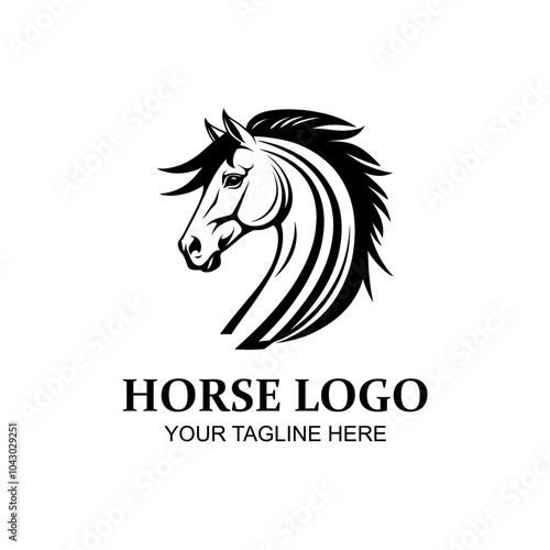 Elegant horse head logo in black and white, featuring dynamic lines and flowing mane, perfect for equestrian businesses, sports teams, or branding projects. photo