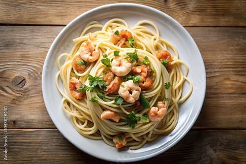 Freshly made pasta with shrimp and walnut sauce on dinner plate photo