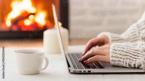 Cozy scene with person typing on laptop near warm fireplace