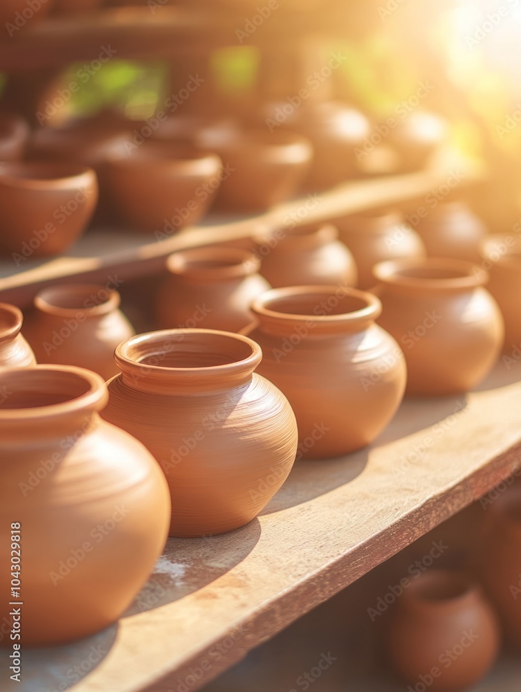 A collection of clay pots displayed on wooden shelves, illuminated by warm sunlight. A collection of clay pots displayed on wooden shelves, illuminated by warm sunlight.