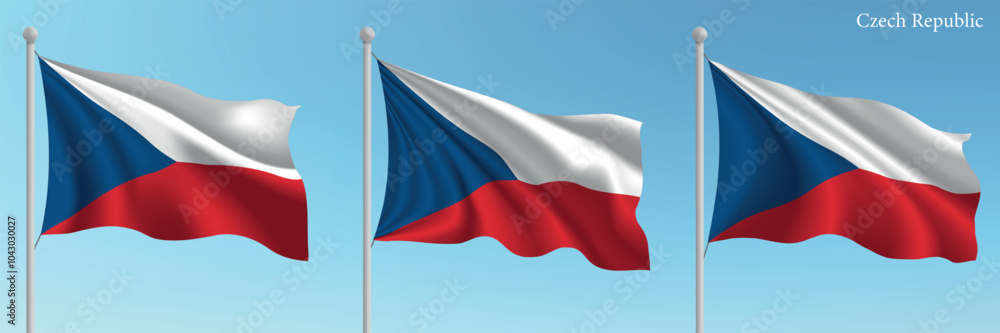 Set of Three Flags of Czech Republic Waving in Clear Blue Sky Set of Three Flags of Czech Republic Waving in Clear Blue Sky