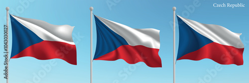 Set of Three Flags of Czech Republic Waving in Clear Blue Sky