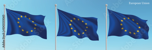 Set of Three Flags of European Union Waving in Clear Blue Sky photo