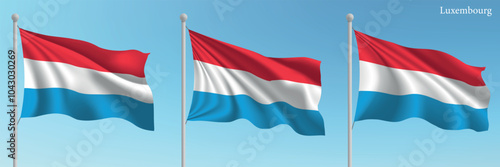 Free Download Set of Three Flags of Luxembourg Waving in Clear Blue Sky - GFXLoad