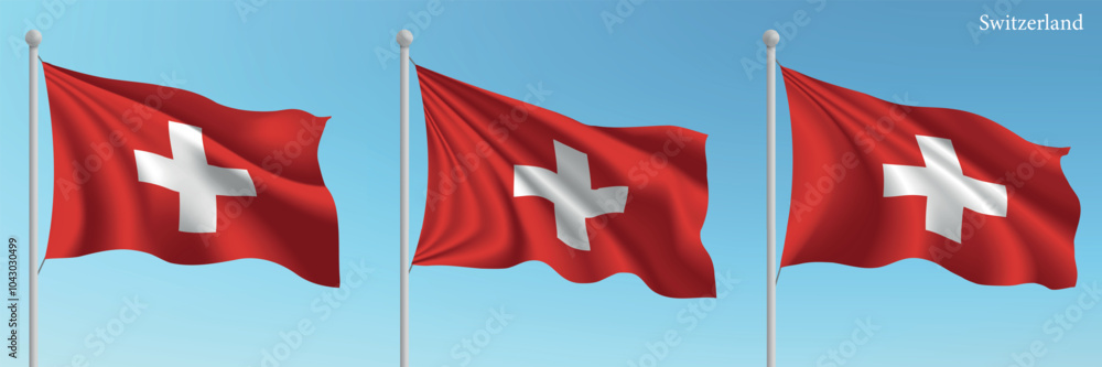 Set of Three Flags of Switzerland Waving in Clear Blue Sky Set of Three Flags of Switzerland Waving in Clear Blue Sky