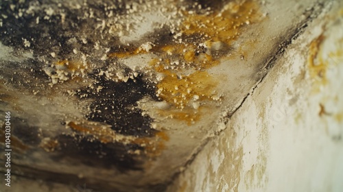 Mold spores covering the ceiling of a damp basement, with yellow and black discoloration photo