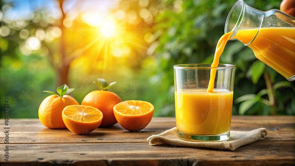 Naklejka premium Freshly squeezed orange juice being poured into glass for healthy breakfast on sunny morning