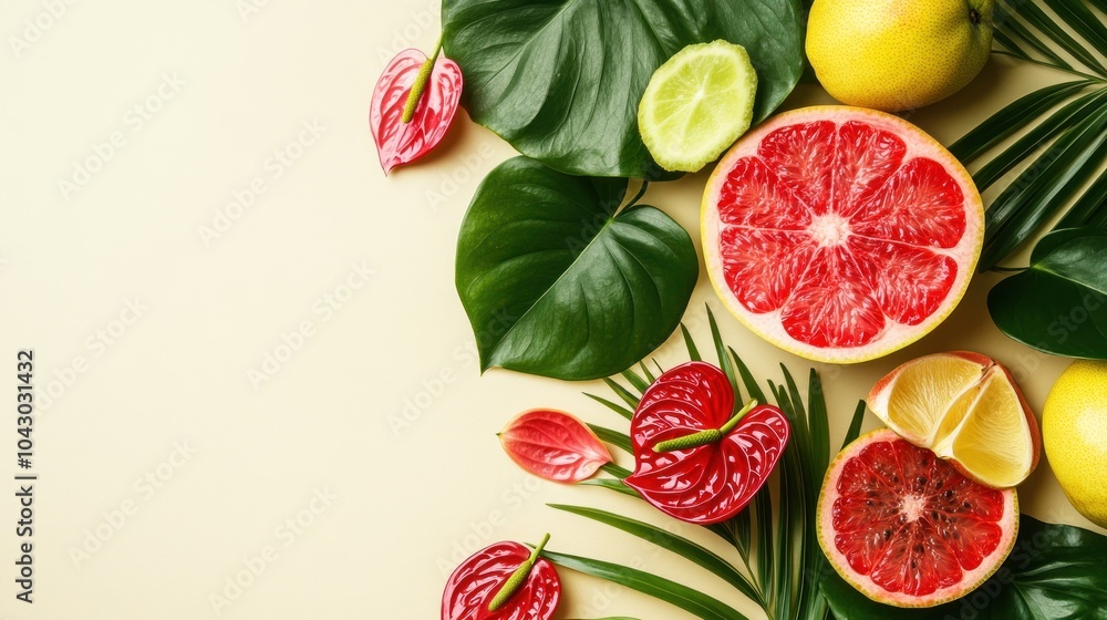 Naklejka premium A vibrant arrangement of fruits and tropical leaves on a light background.
