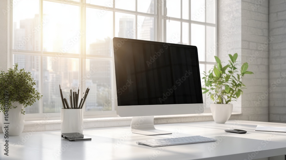 A clean and modern workspace with a desktop monitor, wireless keyboard A clean and modern workspace with a desktop monitor, wireless keyboard