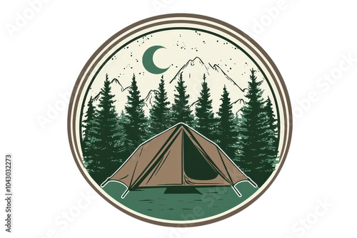 Illustration of a campsite at night, featuring a tent under the stars and moon, surrounded by pine trees and mountains in a circular emblem. photo