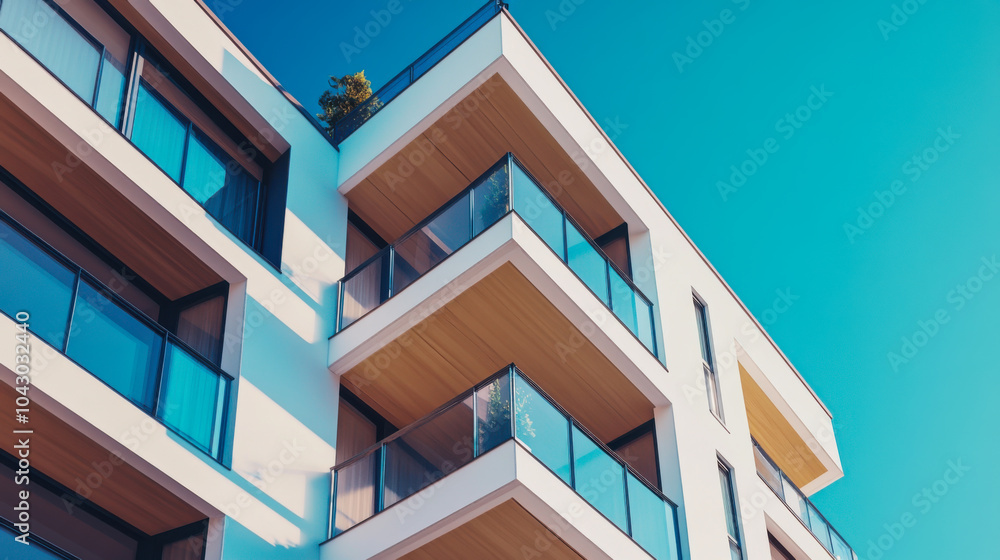Modern residential building with balconies under a vibrant blue sky in a contemporary urban setting Modern residential building with balconies under a vibrant blue sky in a contemporary urban setting