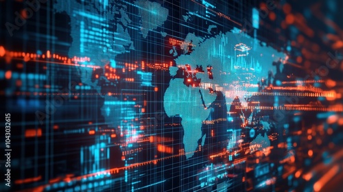 A conceptual image of the global economy, with a digital map, currency symbols