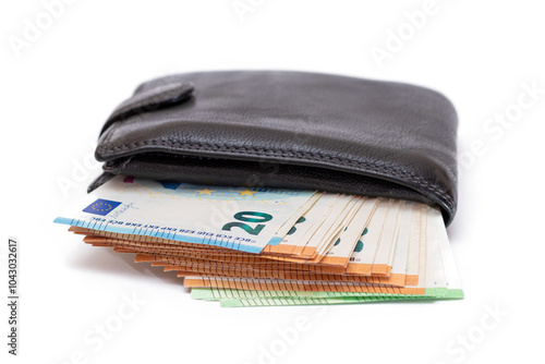 Wallpaper Mural Black Leather Men Wallet with Euro Banknotes Inside - Isolated on White Background. A Purse Full of Money Symbolizing Wealth, Success and Social Status - Isolation Torontodigital.ca