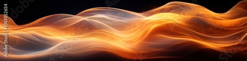 Abstract waves of orange and white light create a dynamic visual flow.