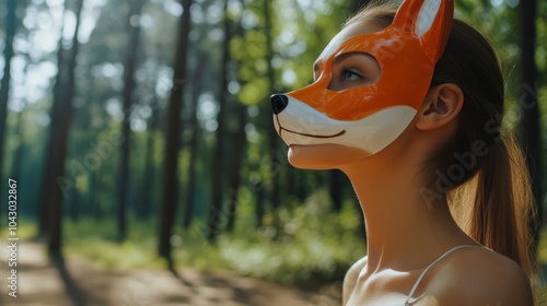 A young woman wearing a fox mask stands amidst tall trees. Quadrobics teen subculture