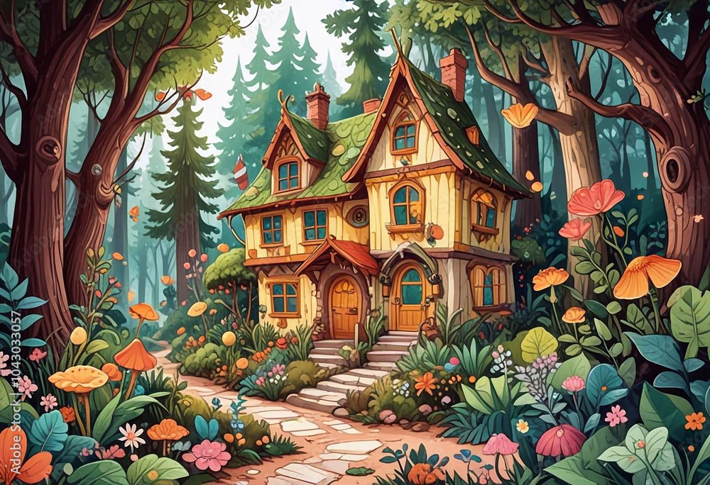 Obraz premium Fairytale house in the forest, surrounded by flowers and butterflies, with tall trees in the background