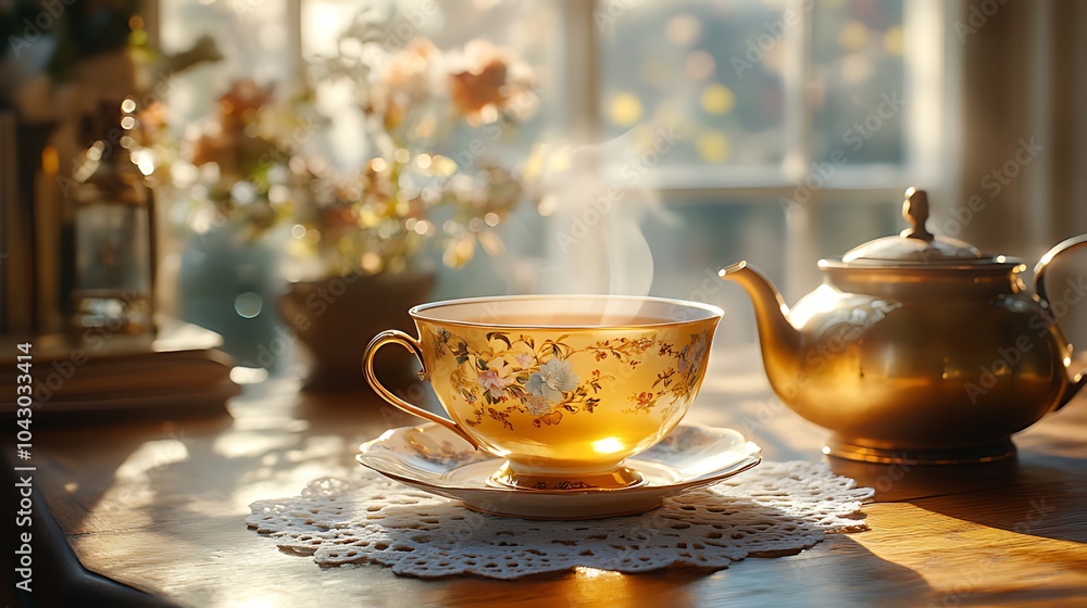 A steaming cup of tea with a teapot and lace doily on a wooden table with a window in the background. A steaming cup of tea with a teapot and lace doily on a wooden table with a window in the background.