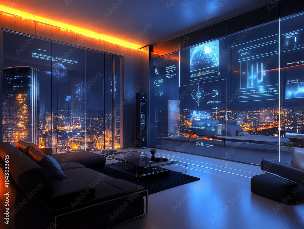 Futuristic Smart Home Living Room Night View Futuristic Smart Home Living Room Night View