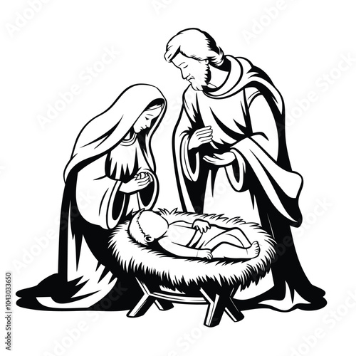 Nativity Scene Illustration with Mary and Joseph Sketch Art