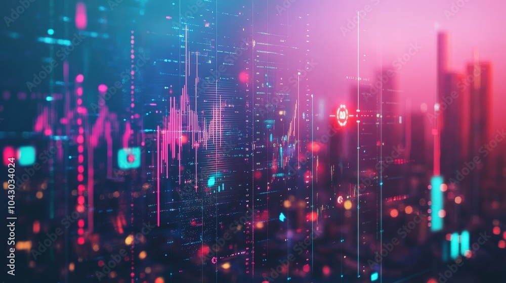 A futuristic image of digital financial graphs and currency symbols floating above a city skyline A futuristic image of digital financial graphs and currency symbols floating above a city skyline