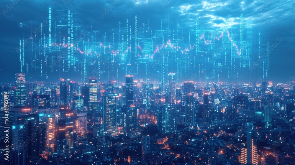 A futuristic image of digital financial graphs and stock market data floating above a modern cityscape A futuristic image of digital financial graphs and stock market data floating above a modern cityscape
