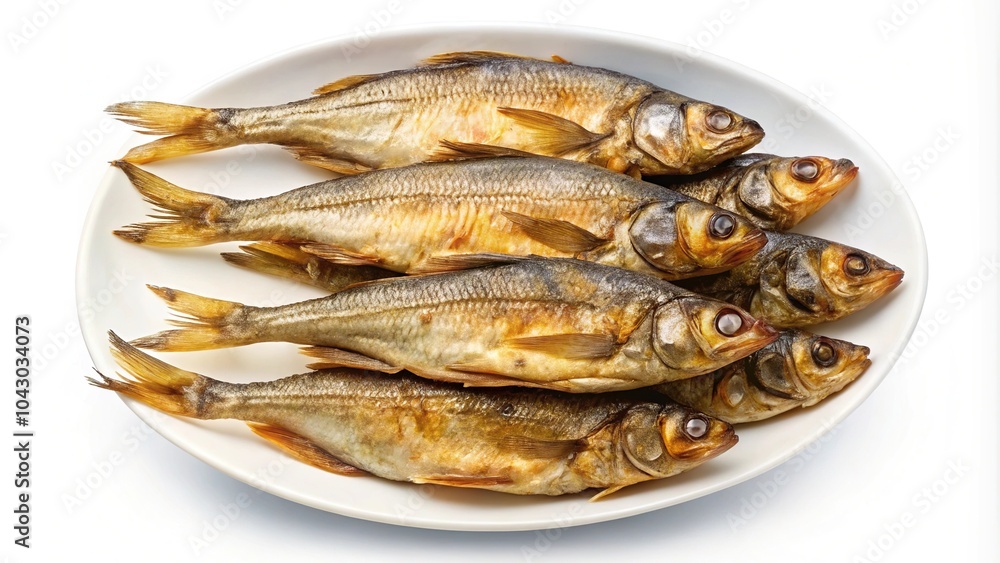Fried dried fish in a symmetrical arrangement on a plate isolated on white background Fried dried fish in a symmetrical arrangement on a plate isolated on white background