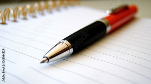 A red and black pen lays on a lined notebook.