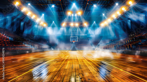 A basketball court with a crowd of people watching a game. The lights are bright and the court is empty