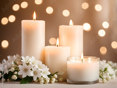 Beautiful candle scene with warm bokeh and white flowers for peaceful ambiance. An elegant candle scene with delicate white flowers and a soft, calming background.