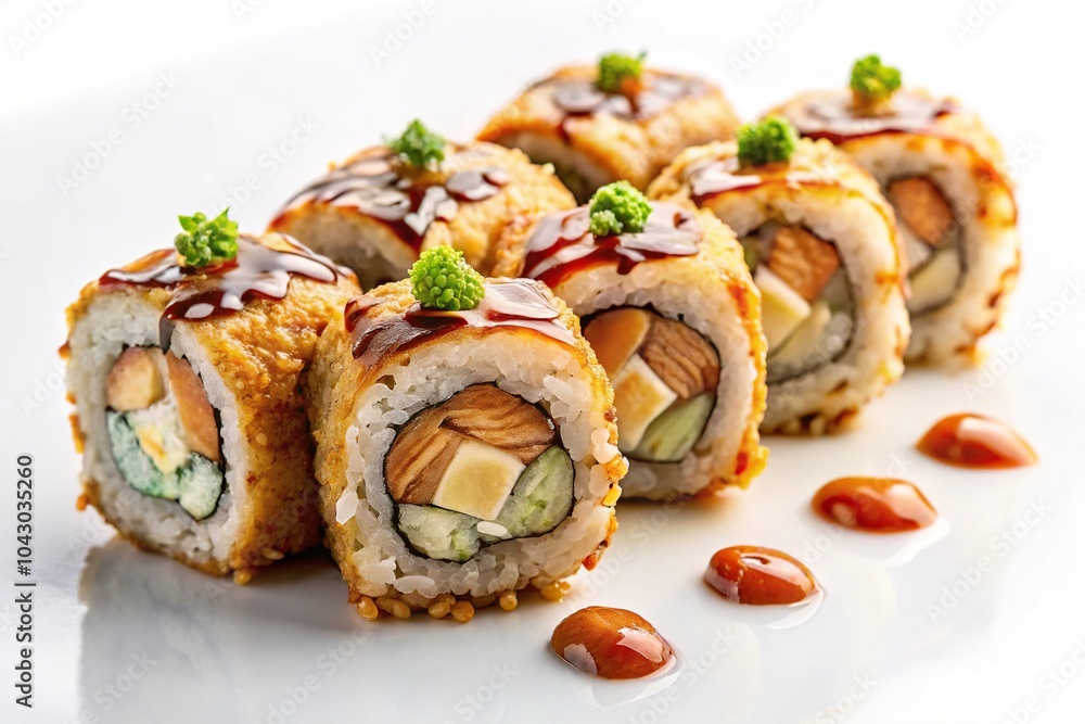 Fried sushi rolls with sauce and almonds on white background for menu aerial Fried sushi rolls with sauce and almonds on white background for menu aerial