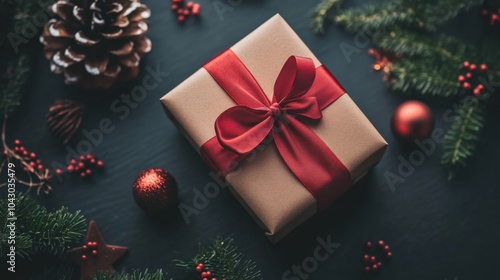 Holiday gift wrapped in brown paper with red ribbon surrounded by festive decorations on a dark surface