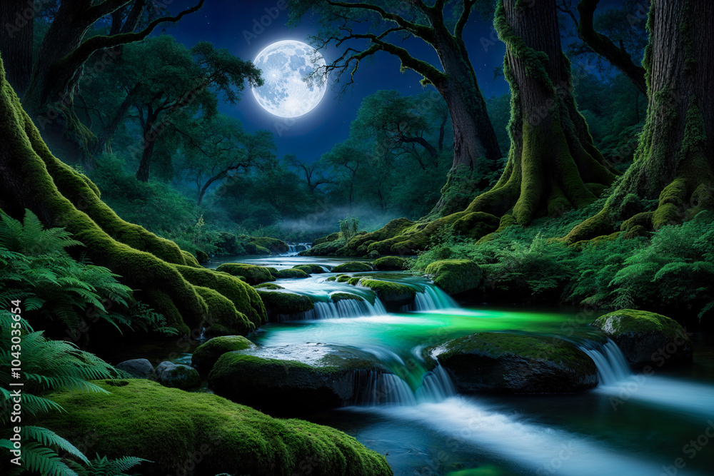 Fototapeta premium Beautiful green forest, dark mode tones, long exposure picture, small river. Generated AI