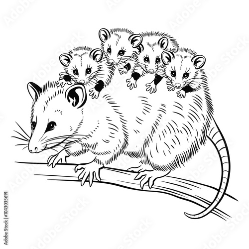 Opossum mother carrying babies on her back black and white illustration