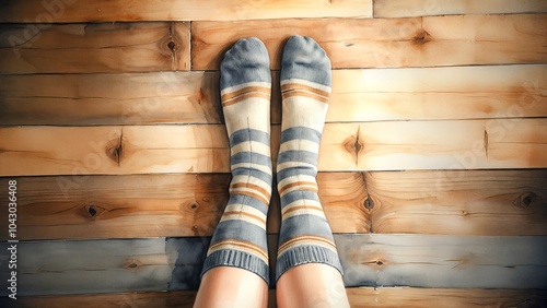 Cozy Comfort: A pair of warm, knit socks, in shades of beige and brown, rest on a wooden floor, bathed in soft sunlight, creating a feeling of cozy comfort and relaxation. Watercolor Illustration. 4 photo