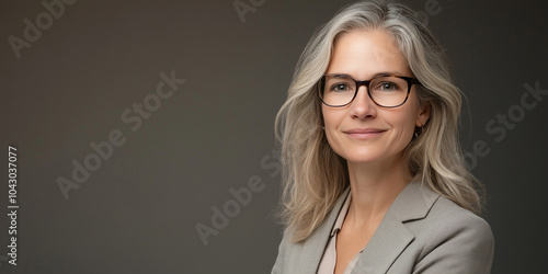 Confident Businesswoman with Glasses in Professional Attire Against a Neutral Background