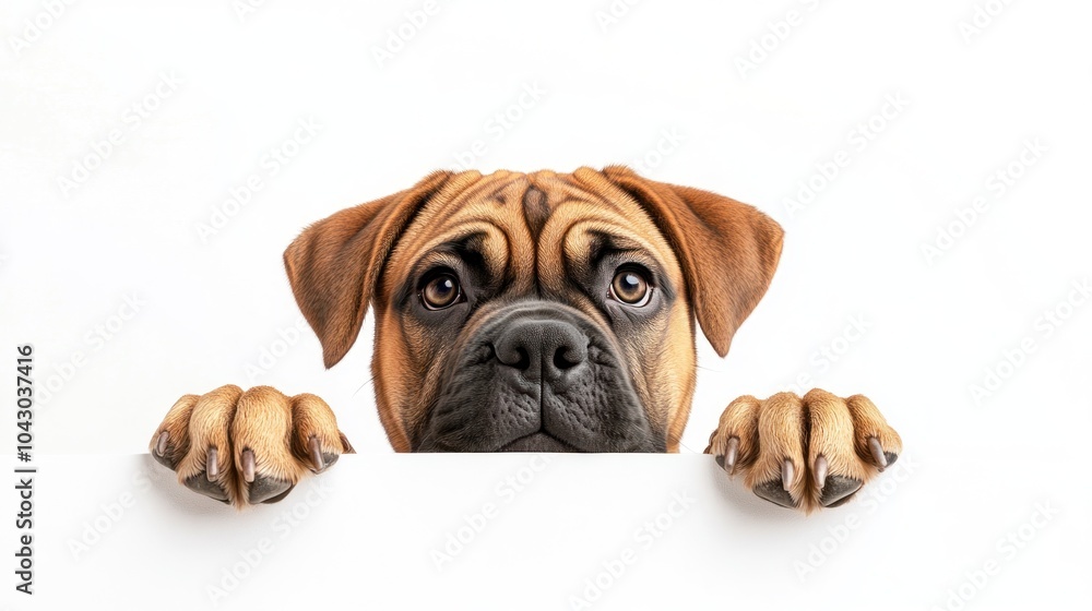 A close-up of a dog with paws resting on a surface, looking curiously at the viewer. A close-up of a dog with paws resting on a surface, looking curiously at the viewer.