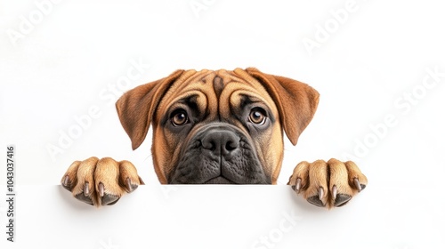 A close-up of a dog with paws resting on a surface, looking curiously at the viewer.